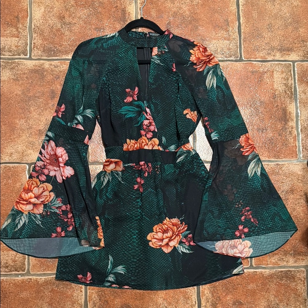 Marciano green floral flare sleeve mini dress